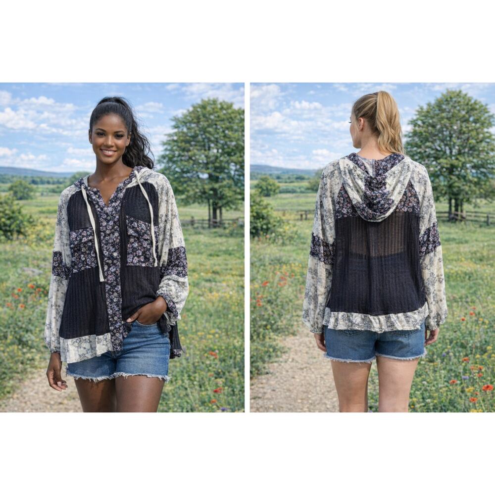 POL Boho Patchwork Button‑Up Hooded Top – Lace & Floral Mixed Media – Size L